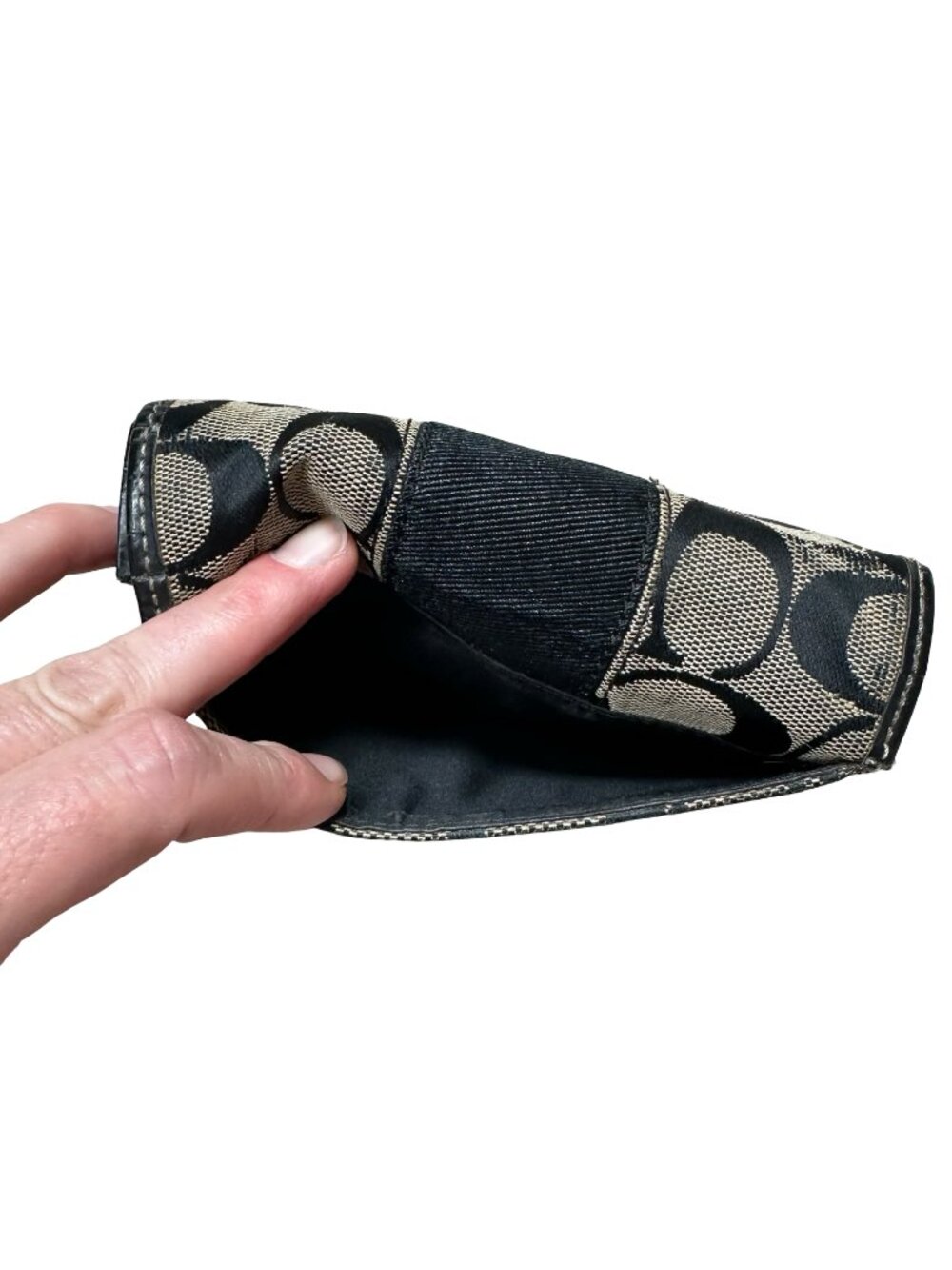 Vintage Coach Signature Jacquard Bifold Wallet Black Gray Leather Trim Preppy - Picture 10 of 13